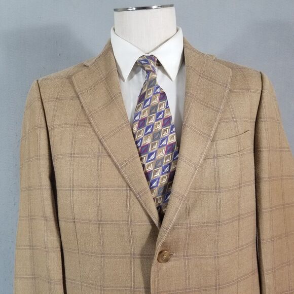 T Harris sport coat blazer suit jacket men's 40R brown window pane silk wool - Picture 2 of 12